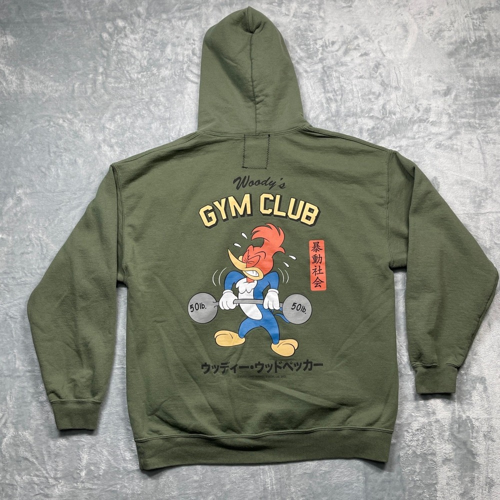 Woody Woodpecker Gym Club Riot Society Hoodie Mens Large Olive Green Graphic